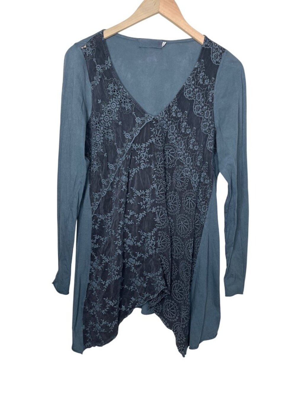 Johnny Was 4 Love and Liberty Blue Tunic Lace Embroidered Long Sleeve top Large